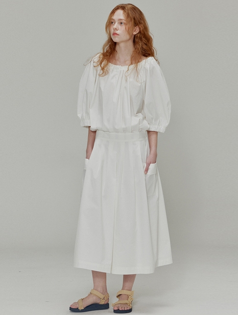 Balloon shirring pleated dress_White