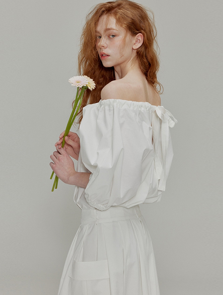 Balloon shirring pleated dress_White