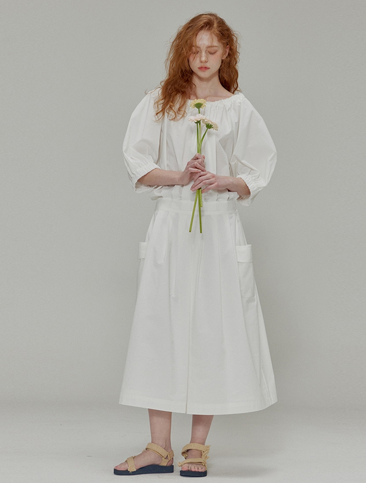 Balloon shirring pleated dress_White