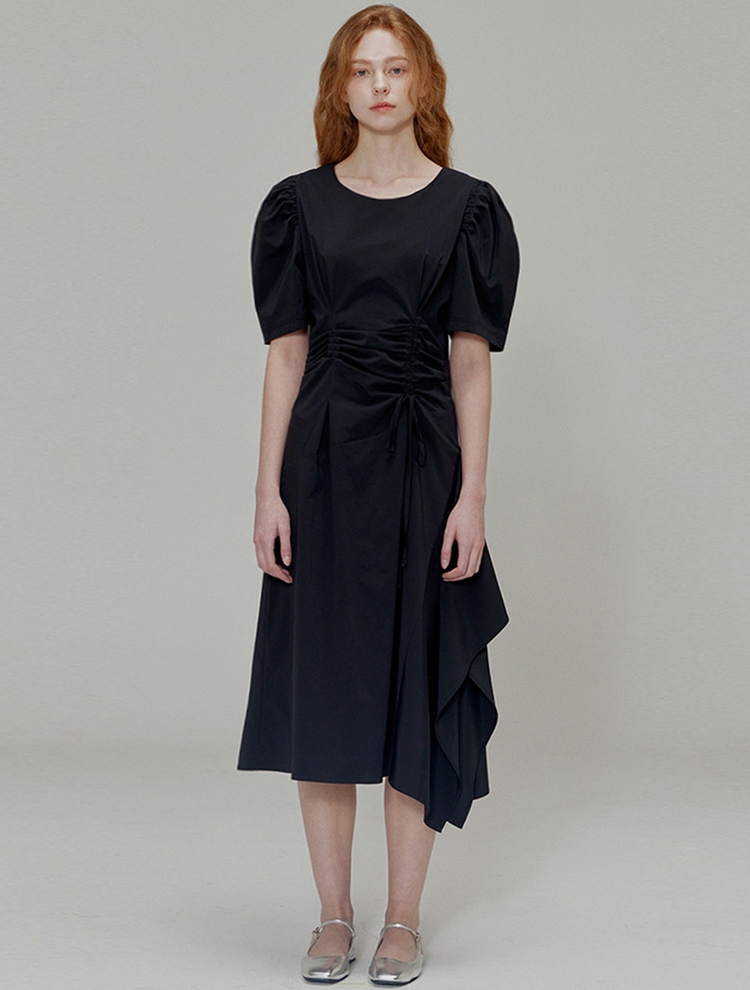 Ribbon pin tuck shirring dress_Black