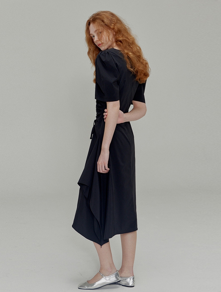 Ribbon pin tuck shirring dress_Black