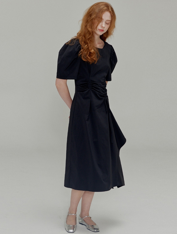 Ribbon pin tuck shirring dress_Black