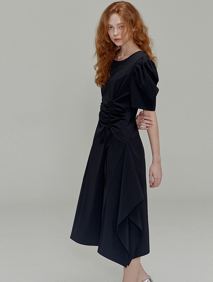 Ribbon pin tuck shirring dress_Black