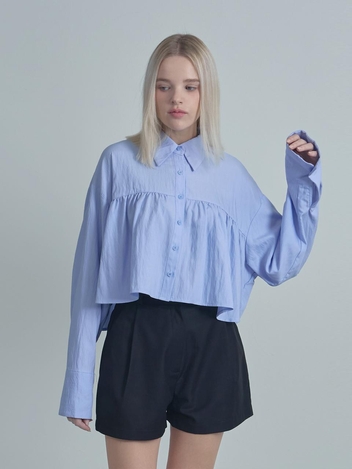 Shirring Layered Blouse-Blue