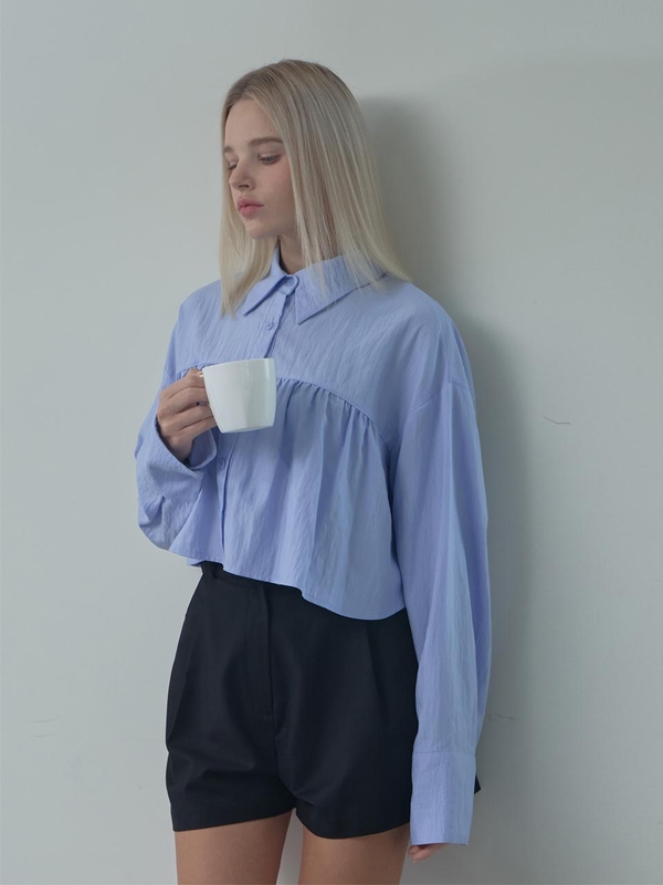 Shirring Layered Blouse-Blue