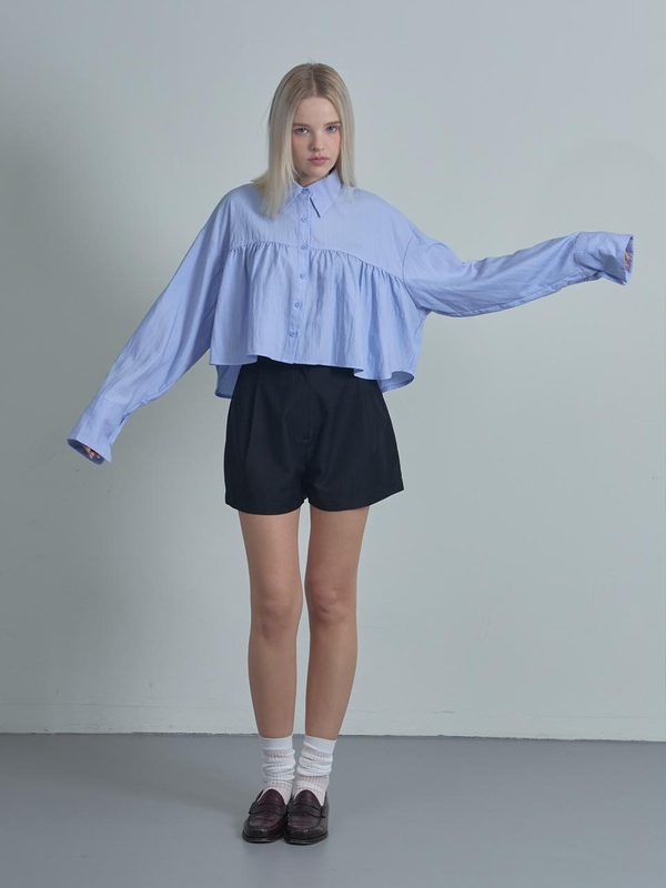 Shirring Layered Blouse-Blue