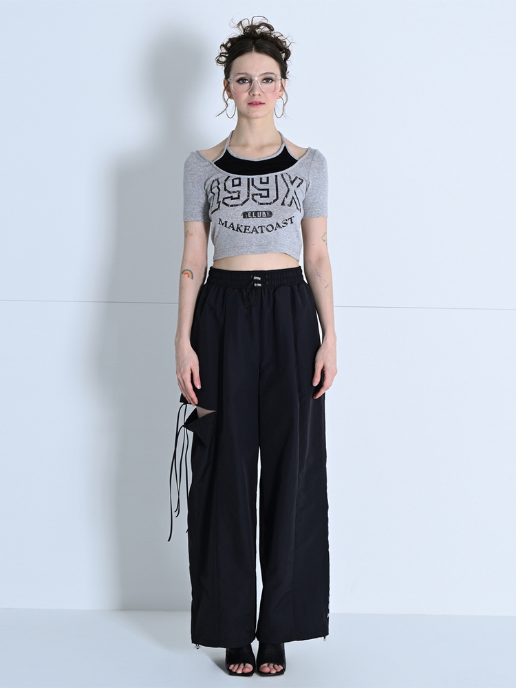 CUTOUT ONE-TUCK BANDING WIDE PANTS BLACK MBDSPA001BK