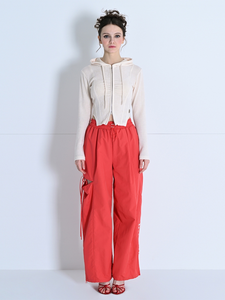 CUTOUT ONE-TUCK BANDING WIDE PANTS RED MBDSPA001RD