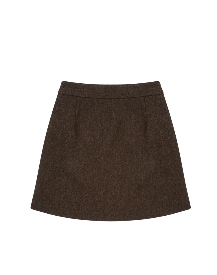 HERRINGBONE CLASSIC WOOL SKIRT BROWN