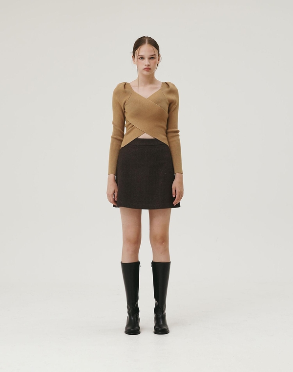 HERRINGBONE CLASSIC WOOL SKIRT BROWN