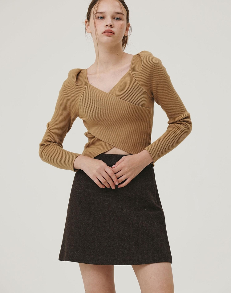 HERRINGBONE CLASSIC WOOL SKIRT BROWN