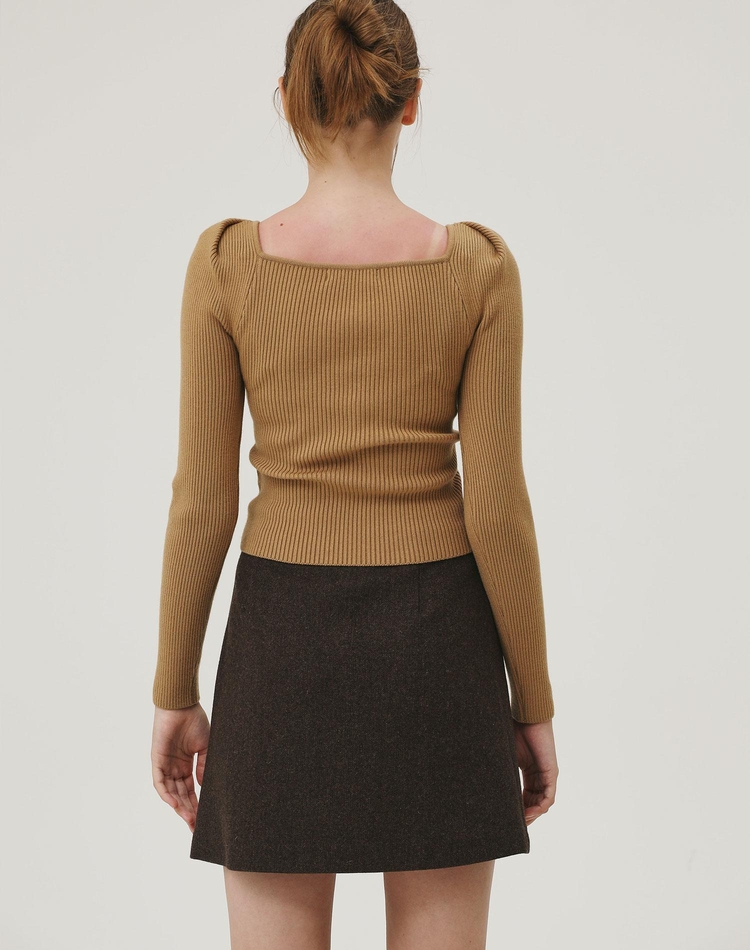 HERRINGBONE CLASSIC WOOL SKIRT BROWN