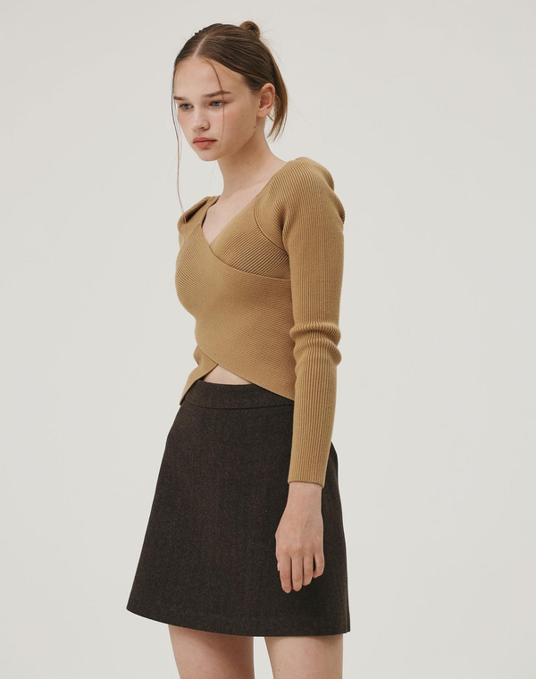 HERRINGBONE CLASSIC WOOL SKIRT BROWN