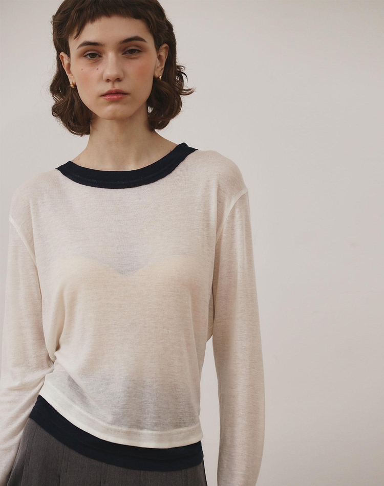 WOOL TENCEL T-SHIRT WHITE/ NAVY