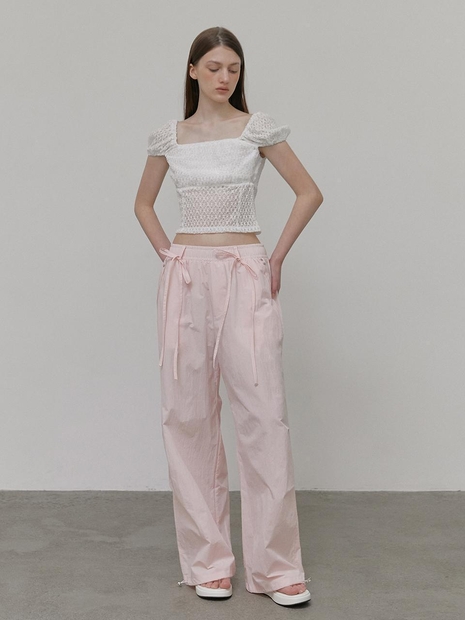 Strap Pintuck Banding Pants, Pink