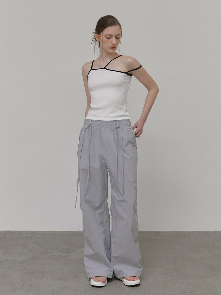 Strap Pintuck Banding Pants, Sky Grey