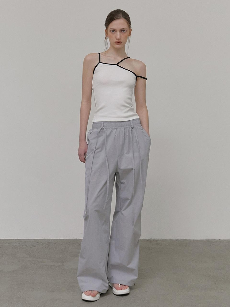 Strap Pintuck Banding Pants, Sky Grey