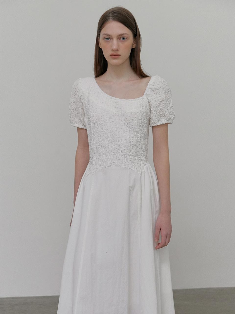 Texture Shirring Dress, White