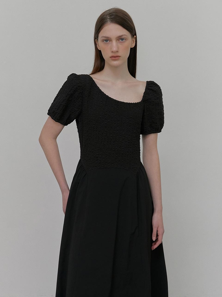 Texture Shirring Dress, Black