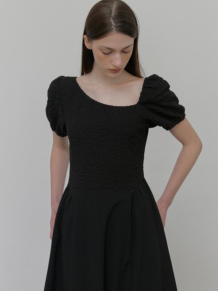 Texture Shirring Dress, Black