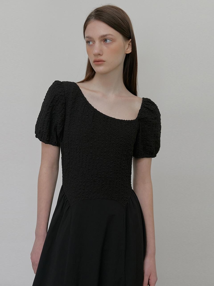 Texture Shirring Dress, Black