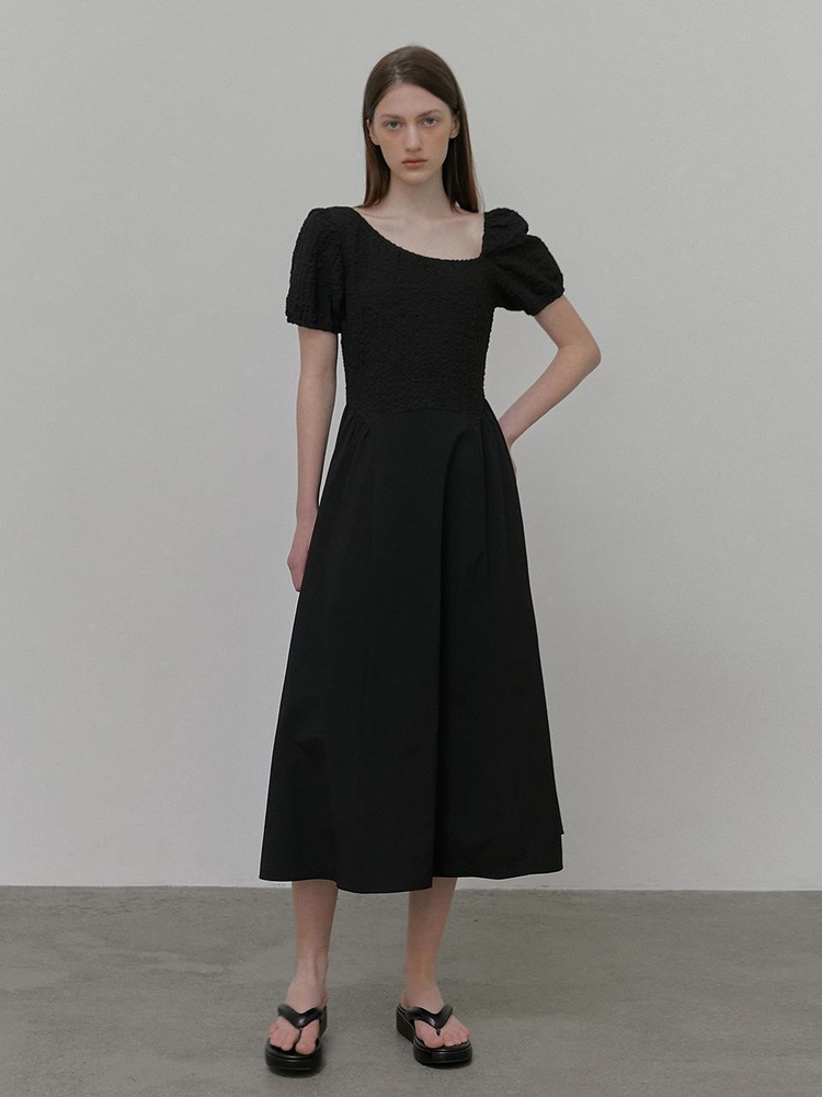 Texture Shirring Dress, Black