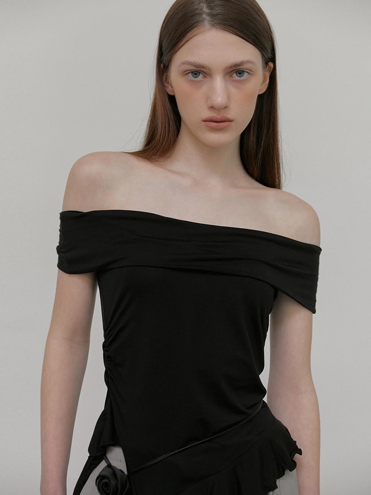 Frill Off Shoulder T-Shirt, Black