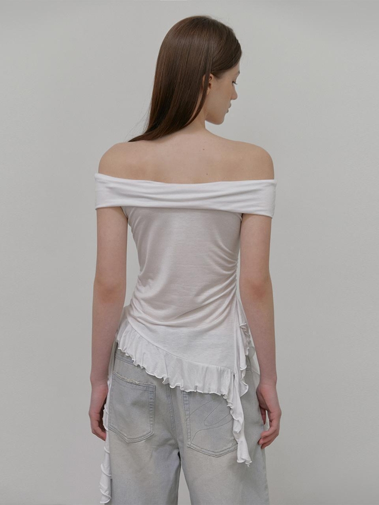 Frill Off Shoulder T-Shirt, White