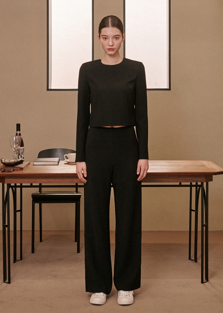 [SET] Mina Shoulder Top + Semi Wide Slacks Set-up [Black]