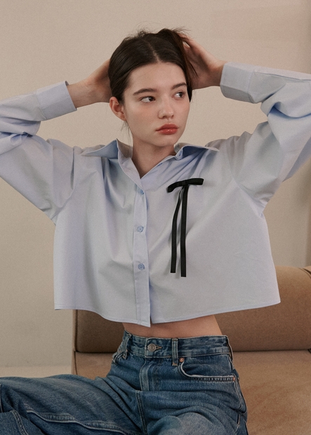 Ribbon Cotton Cropped Shirts [Blue]