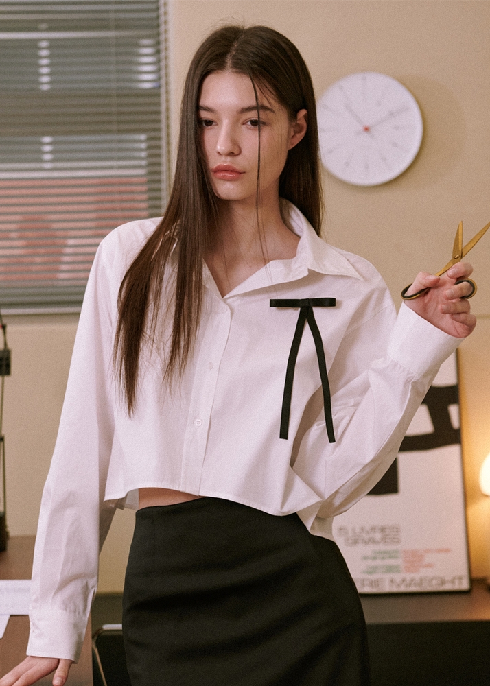 Ribbon Cotton Cropped Shirts [White]