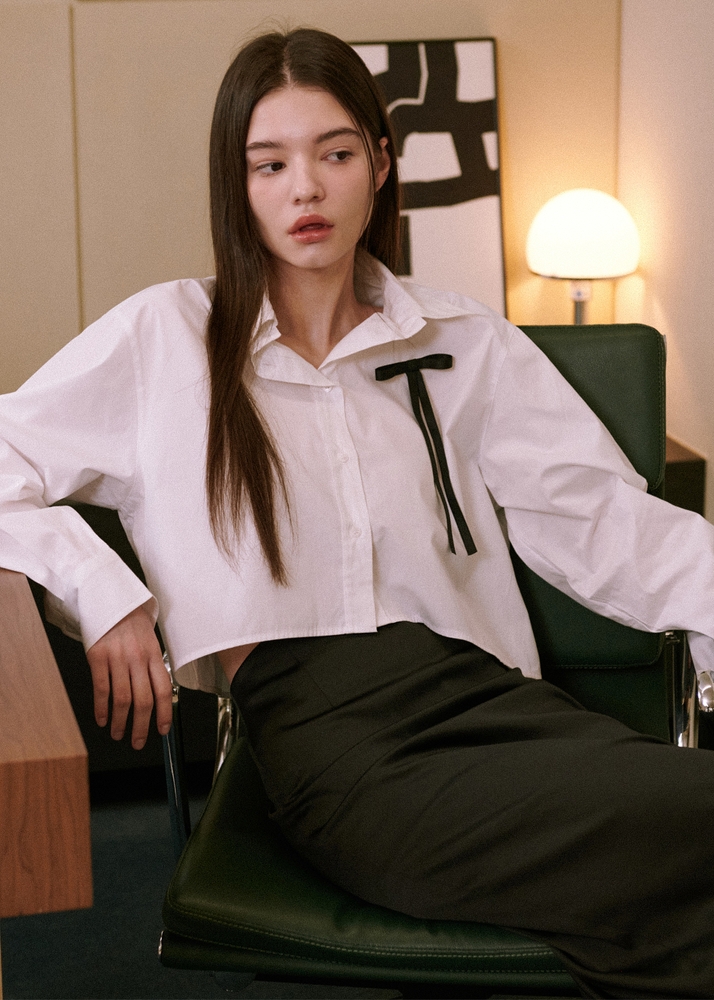 Ribbon Cotton Cropped Shirts [White]