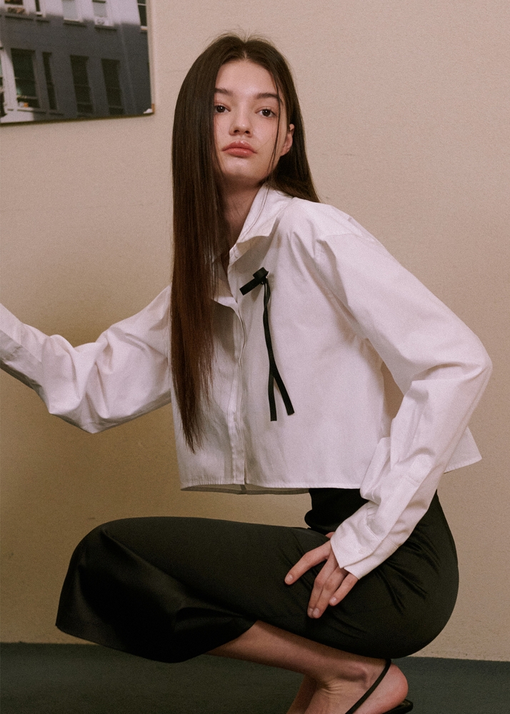 Ribbon Cotton Cropped Shirts [White]