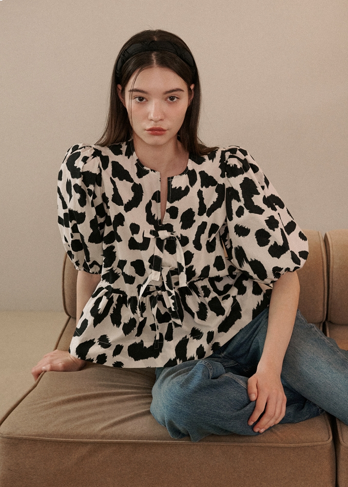 Julie Puff Sleeve Blouse [Leopard White]