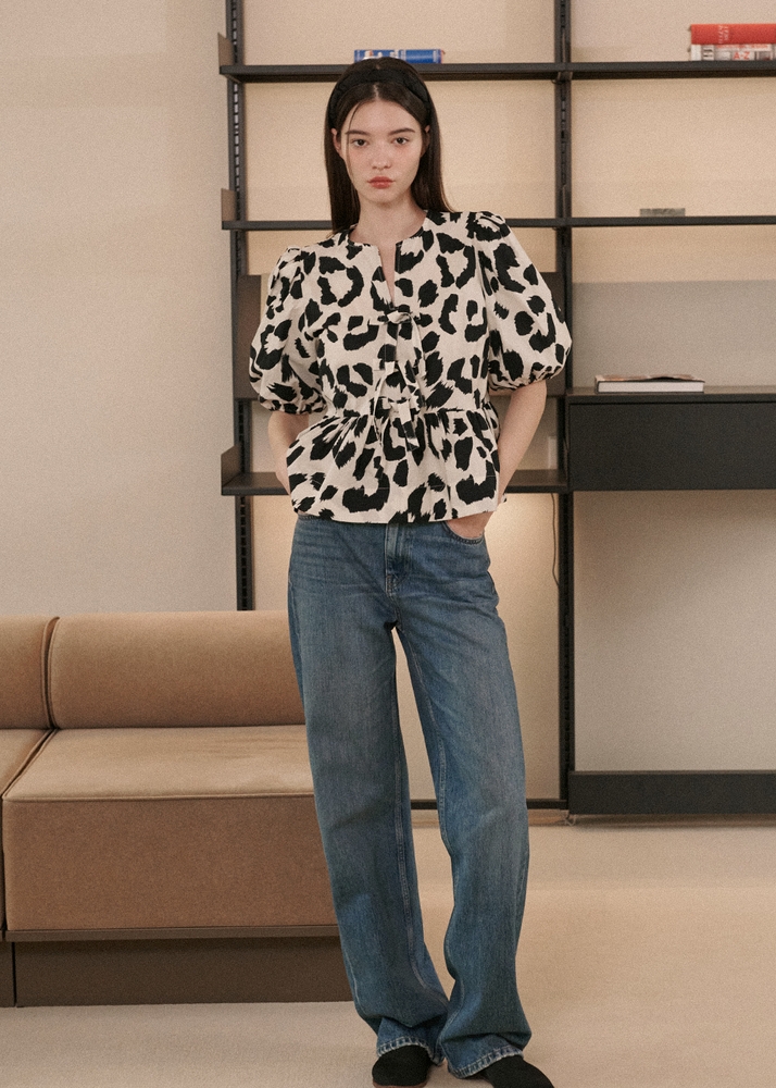 Julie Puff Sleeve Blouse [Leopard White]