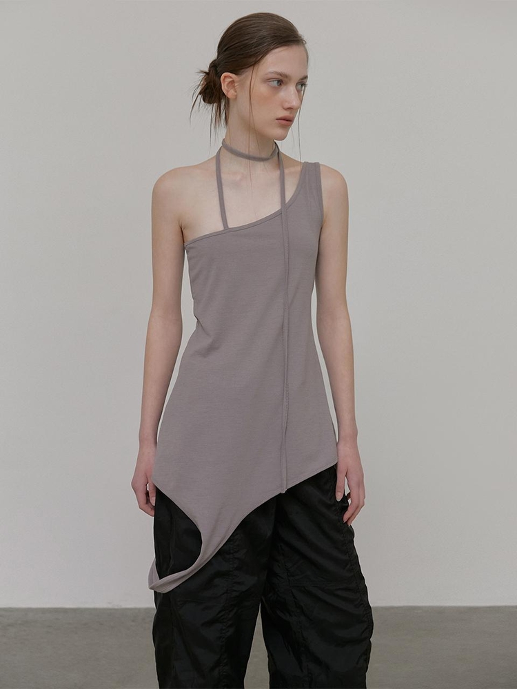 Curved Drop Long Sleeveless, Charcoal Brown