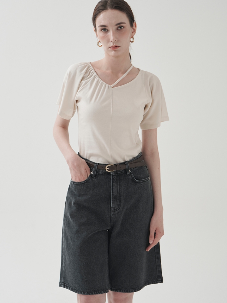 Unbalanced Strap T-shirts_BEIGE