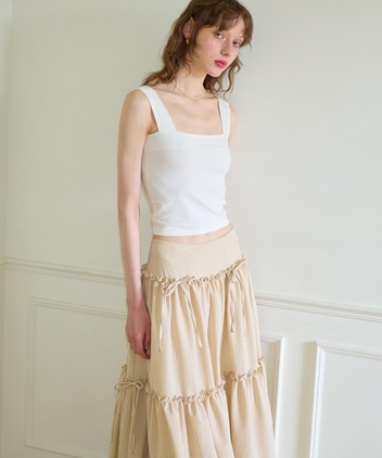 Ribbon Shirring Gingham Check Maxi Skirt_ Beige