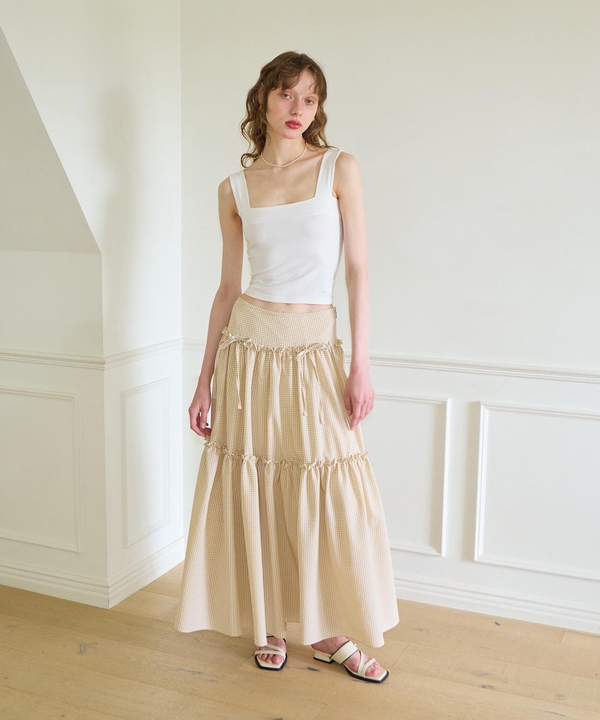 Ribbon Shirring Gingham Check Maxi Skirt_ Beige