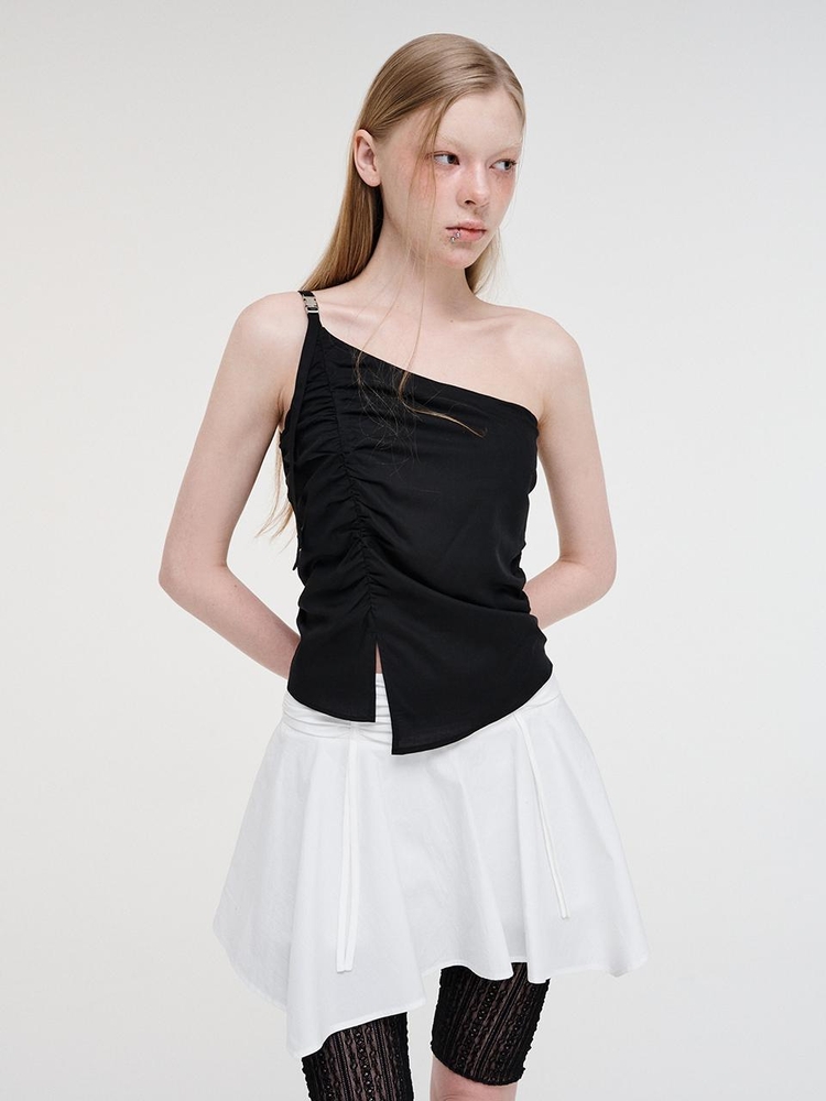 One Shoulder Buckle Blouse, Black