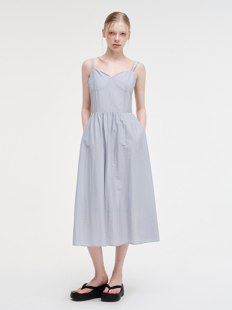 Slip Pintuck Double Strap Dress, Sky Blue