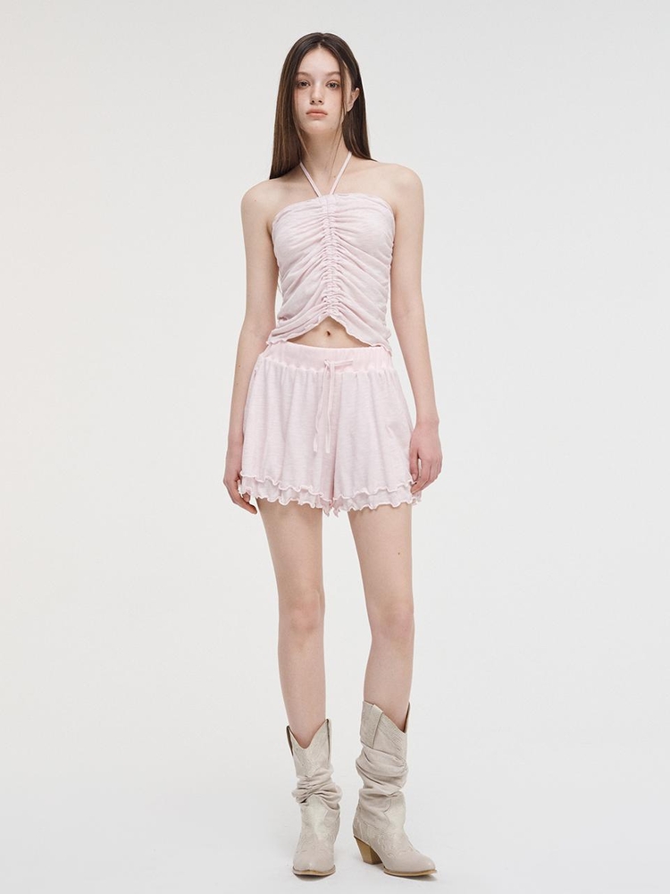 Slub Ruffle Short Pants, Pink