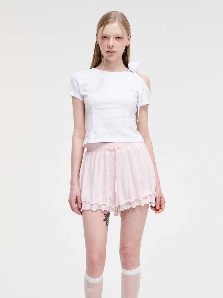 Slub Ruffle Short Pants, Pink