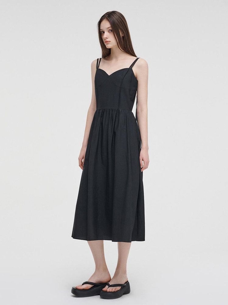 Slip Pintuck Double Strap Dress, Black