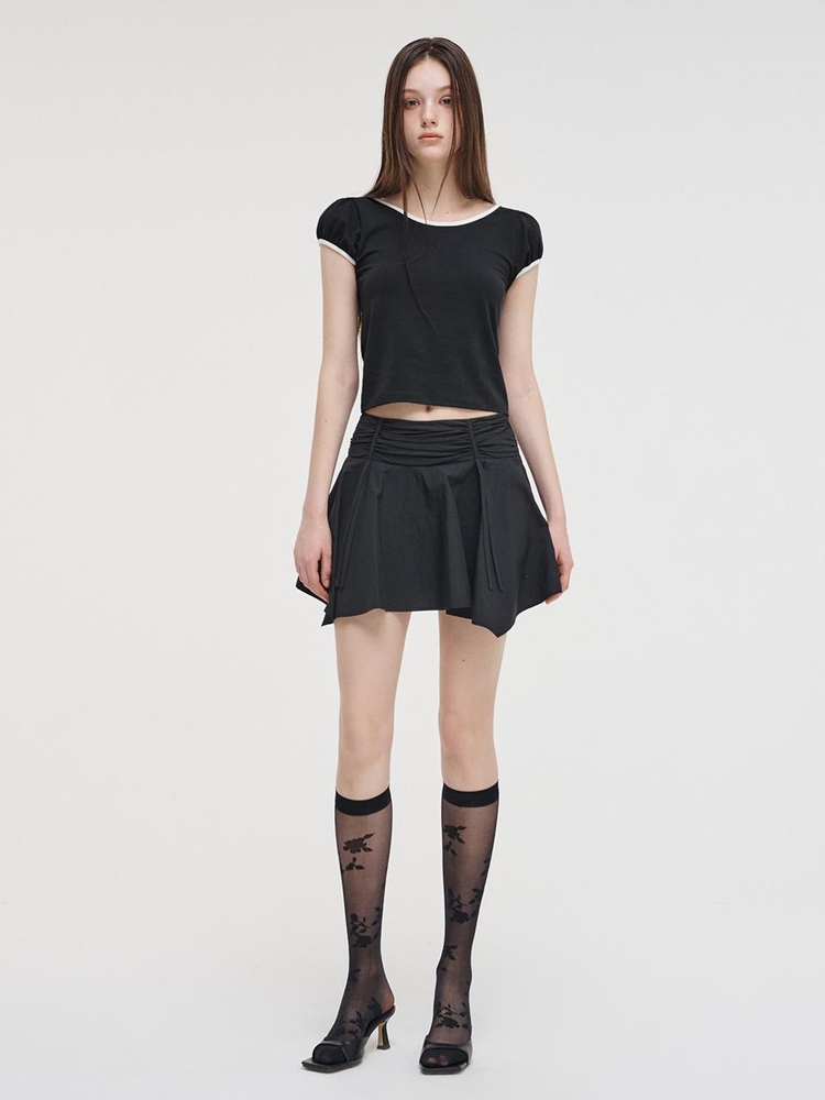 Strap Shirring Mini Skirt, Black