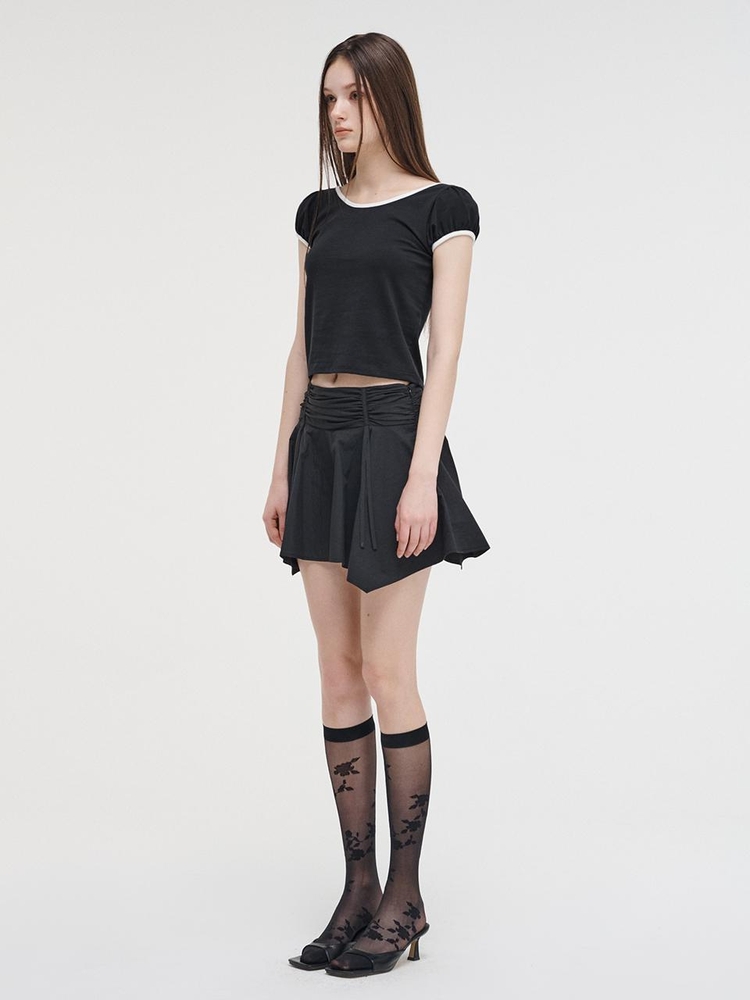 Strap Shirring Mini Skirt, Black