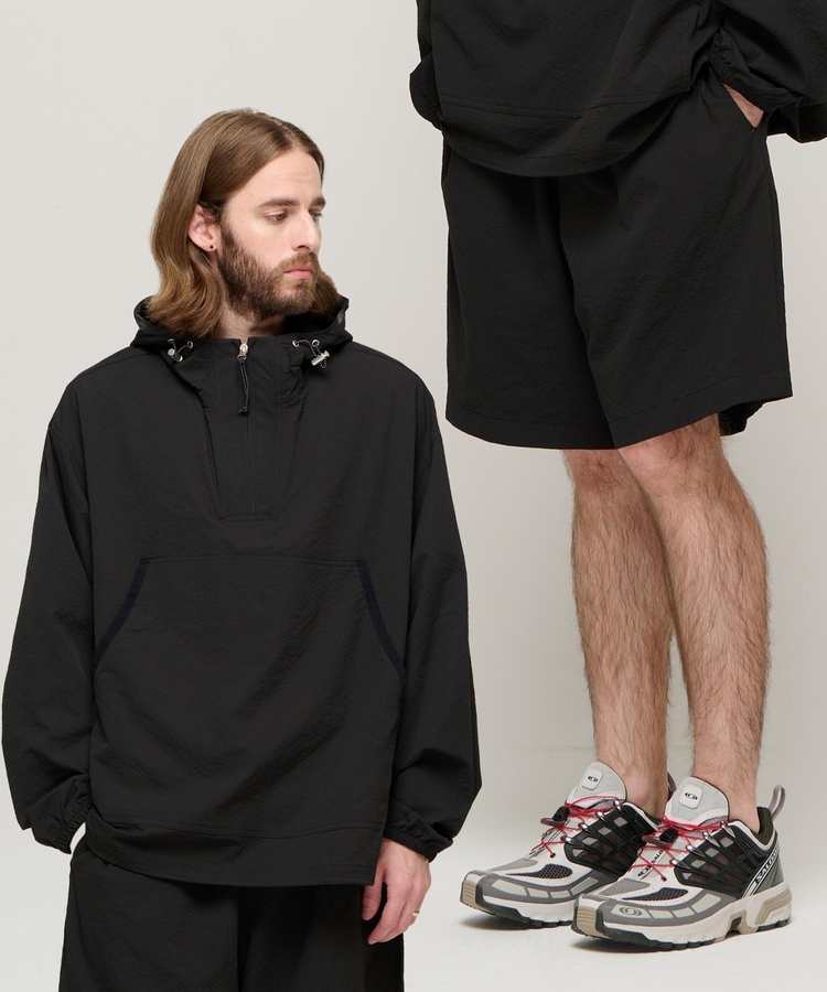 CB SEERSUCKER HALF ANORAK WIND SET-UP (BLACK)