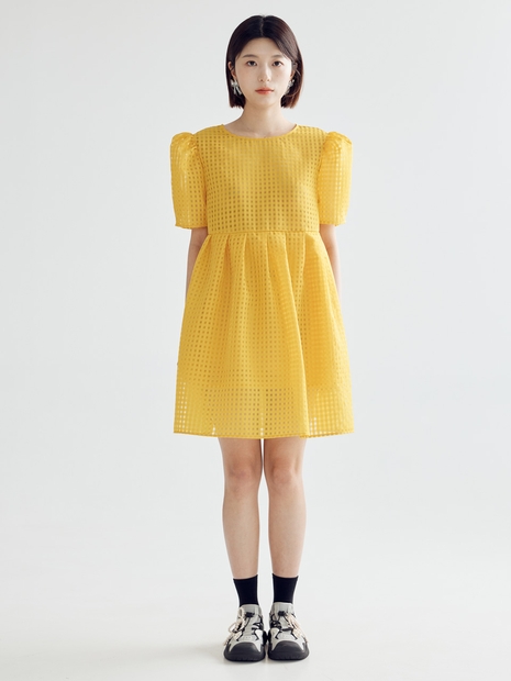 CHECK VOLUME MINI DRESS - MUSTARD