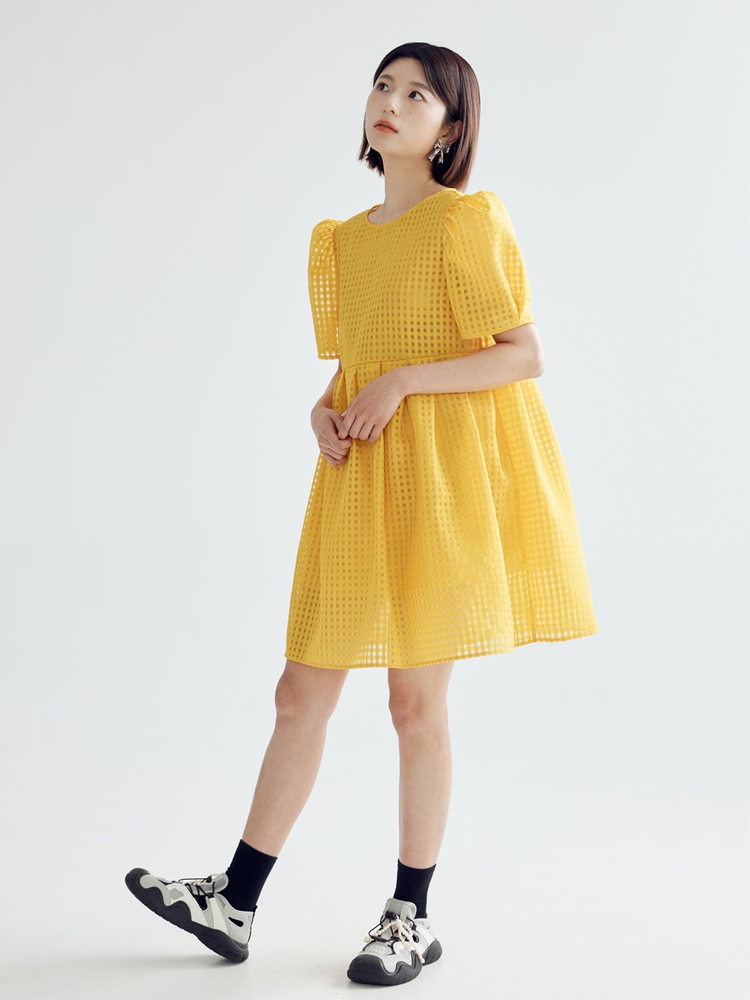 CHECK VOLUME MINI DRESS - MUSTARD