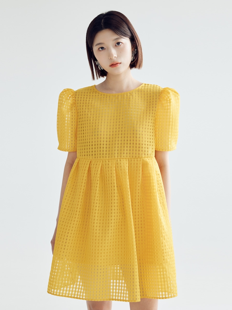 CHECK VOLUME MINI DRESS - MUSTARD